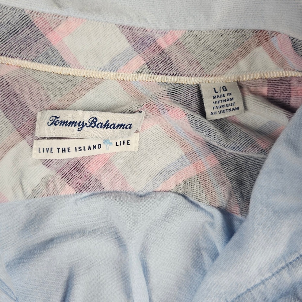 Tommy‎ Bahama Light Blue Corduroy Button Up Long Sleeve Shirt Pink Plaid Collar - Picture 2 of 8